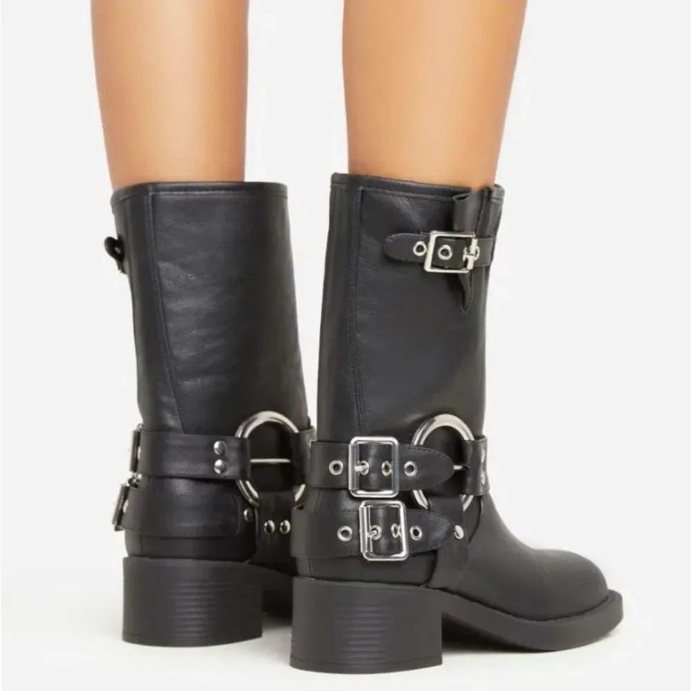 BLACK MOTO COMBAT BIKER BUCKLE BOOTIES